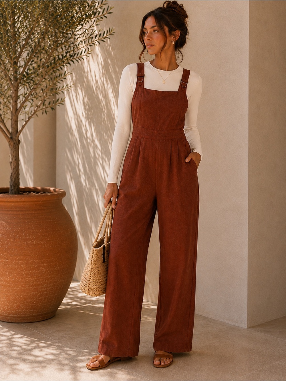 Women's Wide-Leg Suspender Jumpsuit in Deep Burgundy